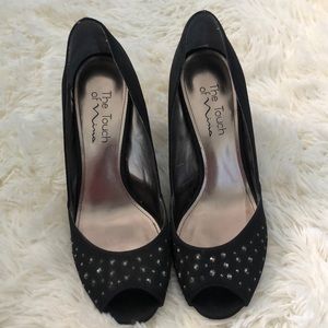 Nina Black silk peek a boo toe with rhinestones.